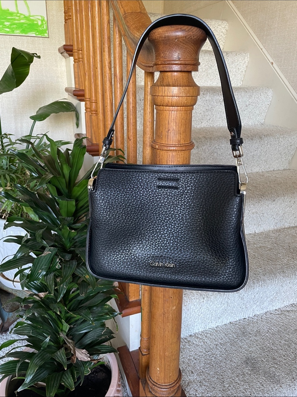 Calvin Klein Fay Demi Black Pebbled Leather Shoulder Bag Silver Hardware NEW